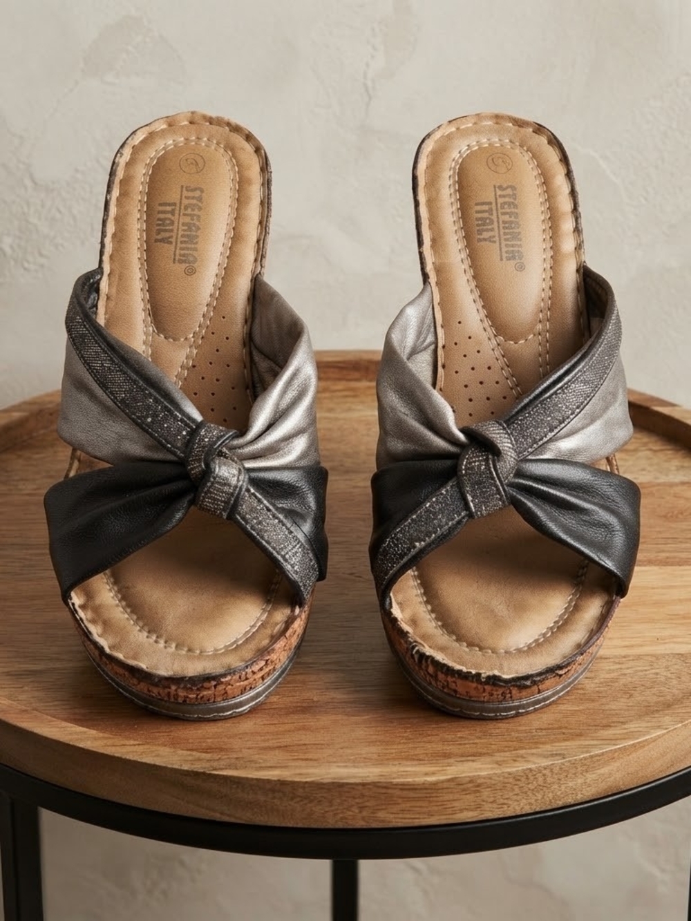 Stefania Italy Metallic Black Grey Cork Wedge Sandals Size 37
